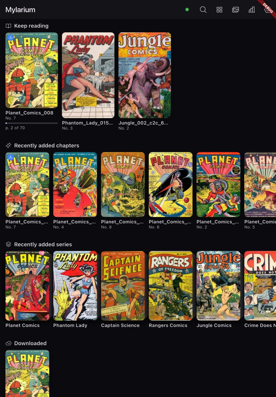 Mylarium dark home screen with comic covers